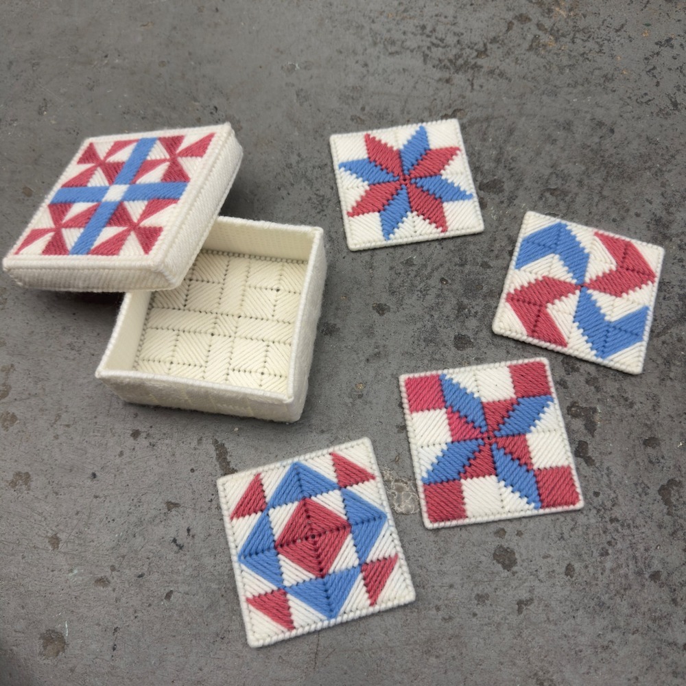 Vintage Handmade Plastic Canvas Coaster Set Quilt Pattern Red White Blue 5pc